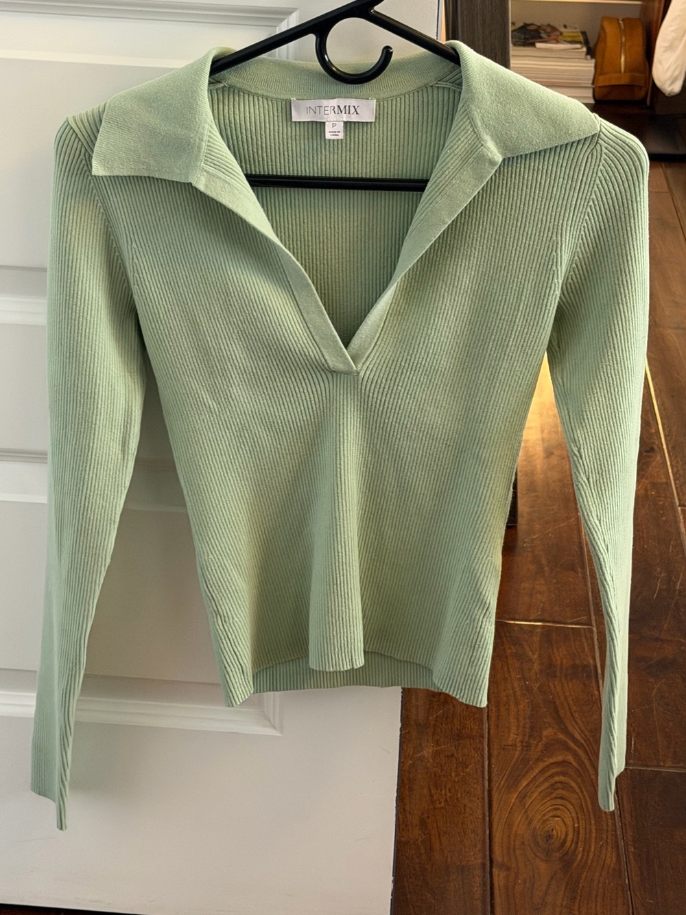 INTERMIX Sage Ribbed Long-Sleeve V-Neck Polo Top